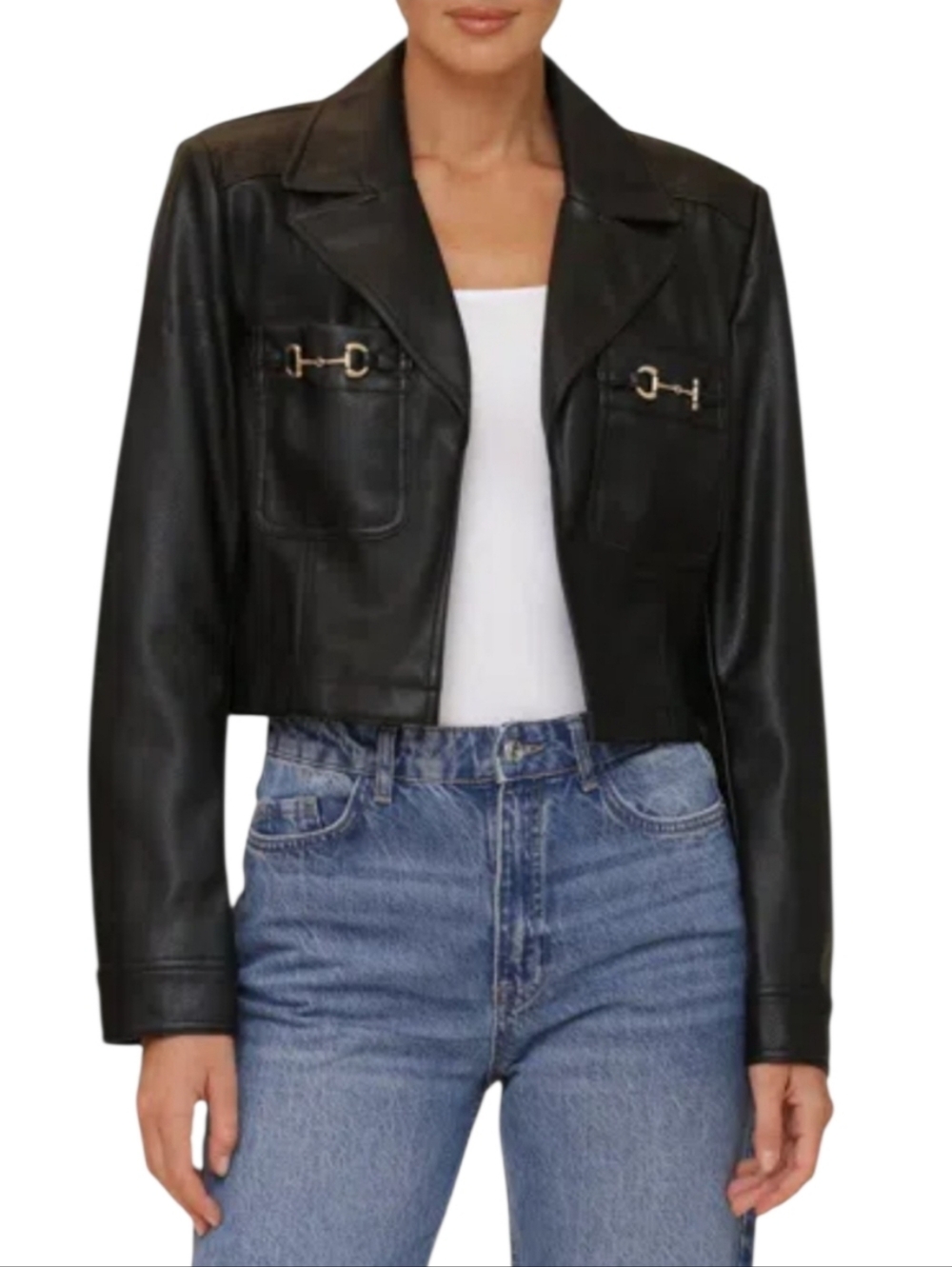 BAGATELLE COLLECTION Cropped Black Faux Leather Jacket with Gold Horsebit Detail